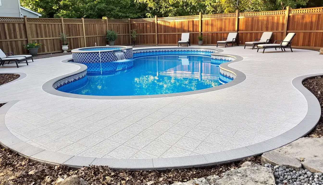 Finished concrete pool deck — poolside surface with broom texture finish