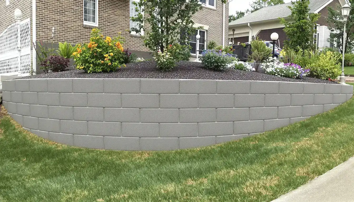 Finished concrete retaining wall — landscaped terraced yard in north Kansas City